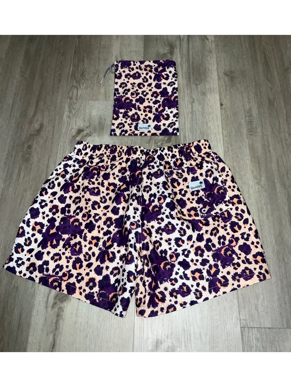 Boardies Men's Medium Purple and Leopard Print Swim Shorts with Carrying Pouch